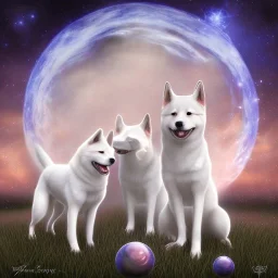 albino shiba inu, ethereal blue violet aura, Orion, orbs, hunter