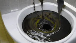 black turd starts to come out of the clogged toilet of black water