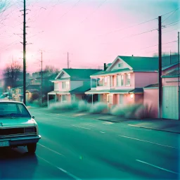 Photograph of a liminal suburbs, light pastel colors, blurred image from 90's