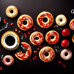 Pizza, hamburger, coca-cola, donut, coffee, black background