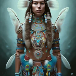 war painted pueblo Indian female,detailed eyes, blue eyes,, disturbed expression.intricate detaile,thnically accurate face, intricate head dress,detailed turquoise jewelry, detailed hair, detailed feathers, use dynamic palette, accurate proportions, high contrast black smokey bokeh background.studio ghibli,andrea bonelli,Kilian Eng,Ohrai, korra character, style.