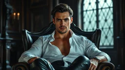 A breathtaking cinematic portrait of a handsome, muscular man around 35 years old sitting confidently in an elegant Victorian armchair inside a dark Gothic castle room. He has medium-length dark hair, a strong masculine face, subtle stubble, and an intense, determined gaze looking directly into the camera. His white shirt is partially unbuttoned, revealing part of his chest, with fitted black leather trousers and classic Gothic elegance. detalied, cinematic