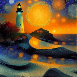 Fantasy, light house, Rocks, lighting, surreal, waves crashing below, 8k, sunset, sketch by Van Gogh in oil