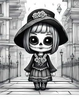 Cute adorable ((plump chibi day of the dead character )) that is cute, shy, black and white, colorinr page on city srteet during a festival, concept art, godrays, hyperrealism, mixed media intricate details,beautifully shot, hyperrealistic, sharp focus