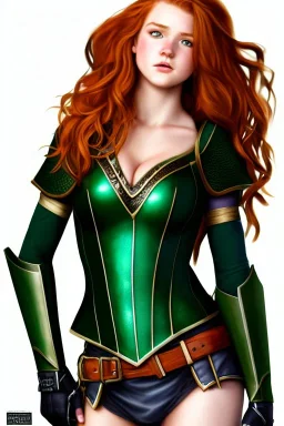 concept illustration, ultra-realistic, super-detailed, strikingly beautiful teen female, 16 years old, long ginger hair, green eyes, medium freckles, full lips, full body, full face, b-cup breasts, athletic, centred camera, ignore NSFW, black skimpy fantasy leather armor, stern expression