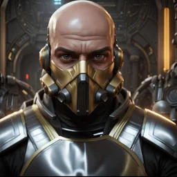 star wars bald male corellian pilot wearing pearlescent black and gunmetal grey First Order special forces heavy assault stealth commando armor and helmet with gold and red trim inside the jedi temple, hyperdetailed, dynamic lighting, hyperdetailed background, 8k resolution, volumetric lighting, light skin, fully symmetric details