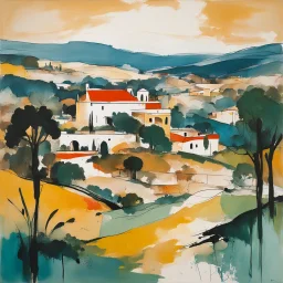 an abstract painting with fine ink outlining of an idyllic 16th century Spanish villa set amidst rolling hills and ancient olive groves , in the imagery-stain painting style of Helen Frankenthaler and Jean-Michel Basquiat, rich natural colors, museum quality masterpiece