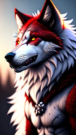 Feral, White fur, Werewolf, Red eyes, character, full body portrait, expert, insanely detailed, 4k resolution, cinematic smooth, intricate detail, fluffy, award wining portrait