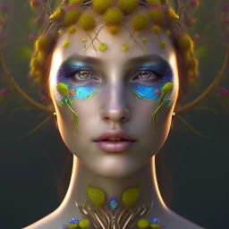 Portrait of beautiful girl, face dept of field,face shining, plant, metal, feathers, Dryad, fae, sidhe, ominous, nature, plants, wildflower sparkle,wildflower 3d view, facepaint, dnd character portrait, intricate, oil on canvas, masterpiece, expert, insanely detailed, 4k resolution, retroanime style, cute big circular reflective eyes, cinematic smooth, intricate detail , soft smooth lighting, soft pastel colors, painted Renaissance style,sharp fucus, bokeh,macro lens, 1500mm lens