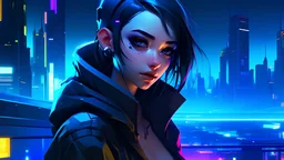Nighttime cyberpunk city in background, cute girl looking at viewer in front