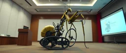 pinhole cam, airbrush 3d rendering, on tv screen:A five-second cinematic single take in a clean industrial presentation hall. A bizarre mechanically plausible tracked bicycle machine stands beside a presentation podium, designed to look like a giant mechanical praying mantis. Two large bicycle wheels form its main body and four thin articulated mechanical legs support it. Two long folded mechanical front arms resemble mantis forelegs, huge head and arms