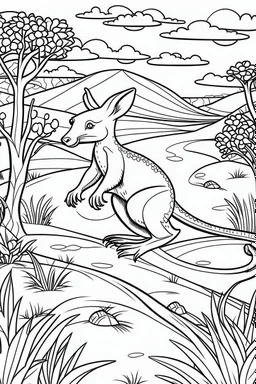 Illustrate a scene of a kangaroo hopping happily across the Australian outback, clean line art, white background, no shadows, black and white coloring book.