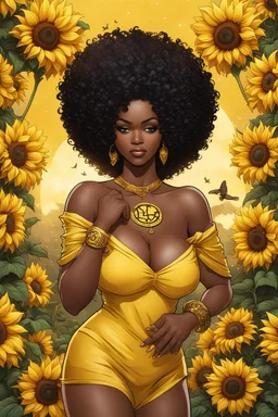 Create an comic book art image of a curvy black female wearing a yellow off the shoulder blouse and she is looking down holding the astrological Leo symbol with Prominent makeup. Highly detailed tightly curly black afro. Background of large yellow sunflowers surrounding her