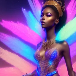 full body shot, masterpiece, best quality, black skinned, sparkling eyes, long hair, gorgeous African Fairy queen,wings,fluorescent skin,light blue makeup,synthwave, light indigo, trasparent , irridescent, highly detailed body, sun light, 4K, RAW, depth of field, high contrast, realistic details, 24mm vaporwave aesthetic, synthwave, artstation, concept art, smooth, extremely sharp detail, finely tuned detail, ultra high definition, 8 k, unreal engine 5, ultra sharp focus