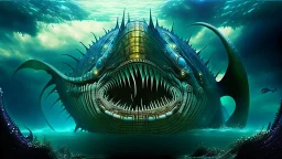 photorealistic warpdrive assymetrical Trompe-l'œil giant Creature Exoplanet Ocean amphibioid Leviathan