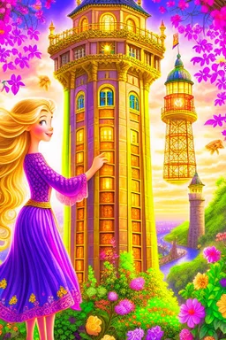 Princess Rapunzel is very beautiful in her tower, her hair is falling from the tower, and beautiful flowers and lanterns are flying around her