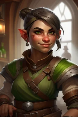 Dungeons and dragons orc tomboy. She has gray skin. She is kind. She is handsome. She has nice eyes. She has short hair. She is strong. She is in a tavern. She has broad shoulders. She has a large jaw. She has small tusks and a wide smile. Realistic style