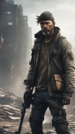 Render a gritty and realistic portrayal of a post-apocalyptic survivor, wearing tattered clothing and carrying makeshift weapons, standing in a desolate urban landscape. Enhance the atmosphere with muted colors and subtle details. 8k resolution.