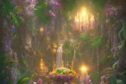 love, high contrast, Tropical flowers,heart drawing, crystals, tropical leaves, sacred altar, Fantasy temple,