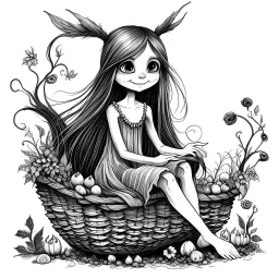 Fantasy art black and white A small, cute, cheerful fairy with long hair, sitting in a small basket.