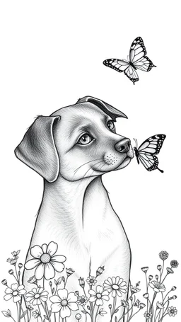 Love cat , love dog , add a butterfly on a wild flowers to this picture thin line draw
