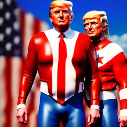 Realistic image of Donald trump super hero, retro style, watchmen style, red white blue colors, white stars, suspenders, latex material, 80s, vibrant color, highly detailed, sky background, concept art, unreal engine 5, god rays, ray tracing, RTX, lumen lighting, ultra detail, volumetric lighting, 3d, finely drawn, high definition, high resolution.