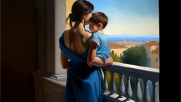 Neoclassicism mother with child in her arms waiting whole body zoom out realistic cote d'azur painting from the back