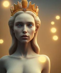 Statue of Queen of photography. Cute blonde woman. Photographer in golden crown. Standing on the street. Big camera in her hand. hyperdetailed, photorealistic, trending on artstation, greg rutkowski, beksinski, kodachrome, lomography, golden hour, bokeh, volumetric light