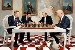 Putin, President Xi Of China And Joe Biden Play Chess With A Pigeon,Ufo And Atomic Bomb Mushroom Cloud,Complex Surgical Instruments Intermixed With A Newborn Boy,Minimalist composition,Painting By Adrian Ghenie,Rene Magritte,Pablo Picasso,Michelangelo,Salvador Dali,Lucian Freud