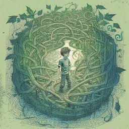 A spiral-shaped labyrinth with intertwined vines and a boy traped in it, add elements like weed, postercolour sketch