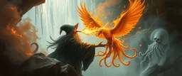 fire smoke and fog and light rays, phoenix jellyfish octopus bird witch in icy waterfall looks beyond really powerful slapping a bird in the face with fire, fantasy illustration, in the style of Rembrandt