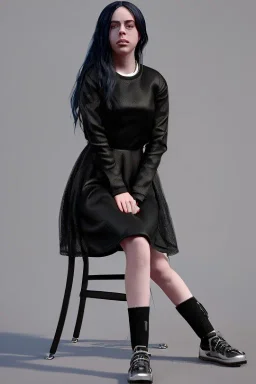 Billie Eilish, sitting on a chair, Black Short Dress, high detail, realistic