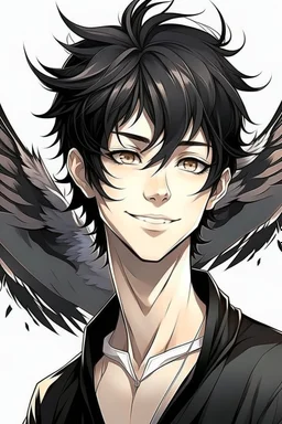 Anime man with black wings realistic smiling