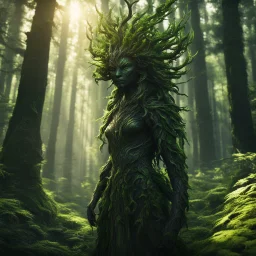 create a female shadowed forest spirit guardian , with highly detailed, sharply lined facial features, in the deep forest of Brokilon , 4k