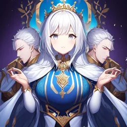 Twins, boy and girl, white hair, silver eyes, royal hall background