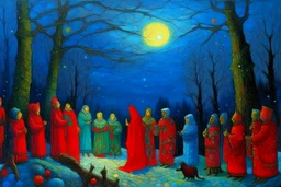 Winter solstice celebration under a starry sky, bonfire, night Creatures watch from the edge of the forest colourful Zdzisław Beksiński Picasso naive art Henri Matisse Alex Grey SALVADOR DALI Andy Warhol Paul Gauguin Claude Monet Gustav Klimt Ernst Ludwig Kirchner Tim Burton graffiti zentangle Marc Chagall Jackson Pollock Francis Bacon Egon Schiele Georges Seurat M.C. Escher Joan Miró Louis Wain Victo Ngai Enki Bilal Camille Pissarro art brut Odilon Redon Remedios Varo primitivism Jean-Michel