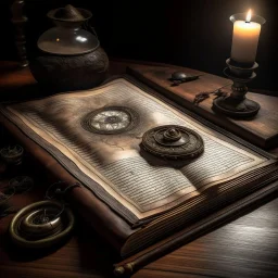 un grimoire ouvert posée sur une table, fantasy style