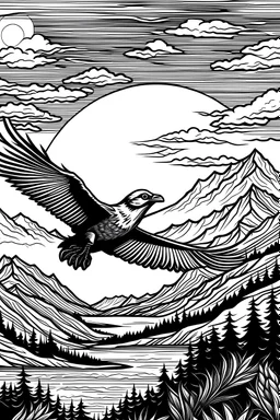 coloring in drawing in black and white of a bird flying no grayscale, only thick outlines with a mountain in the background with a rising sun