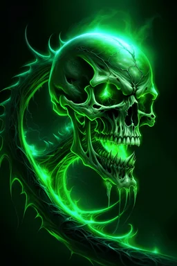 A colossal bone dragon lich with necrotic energy rippling across its skeleton. Ominous, intimidating presence, dark and eerie atmosphere, glowing green aura emphasizing its undead nature. Draconic skull