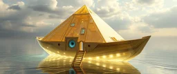 benign transparent superwood alien mega scifi pyramid katamaran ark boat with superwood draw bridge and wing doors and a seeing eye