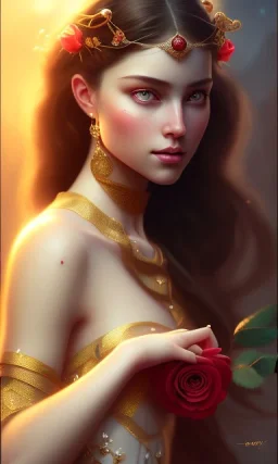 Arab princess Holding a beautiful red rose , cute, beautiful, long hair, wavy hair, black eyes, head and shoulders portrait, cinematic, 8k, resolution concept art portrait by Greg Rutkowski, Artgerm, WLOP, Alphonse Mucha dynamic lighting hyperdetailed intricately detailed