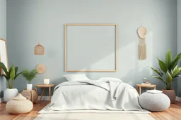 Mockup frame in bedroom interior background, Coastal boho style, 3d render