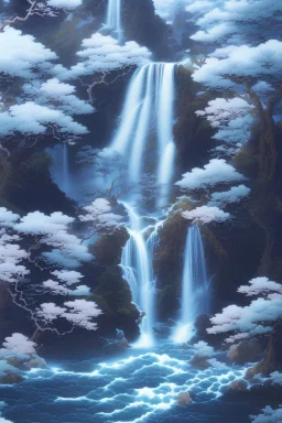 one waterfall leading out in multiple waterfalls painted by hokusai