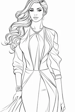 Coloring page for adults of a elegant fashion model woman wearing dress, dynamic poses, full body portrait, thick and clean lines, clean details, no-color, no-turban, no-background, non color, non shading, no-grayscale, dynamic poses, full body portrait, thick and clean lines, clean details, no-color, no-turban, , non background, non color, non shading, no-grayscale, no color hair