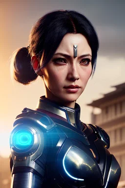 Middle age female Cyborg anime warrior, orange eyes, gray hair with dark blue hair, messy ponytail hairstyle, waist up portrait,4k resolution, intricate details, ornate details, soft lighting, vibrant colors, retroanime, masterpiece, intricate eyeliner, dark eyeshadow, futuristic cityscape background