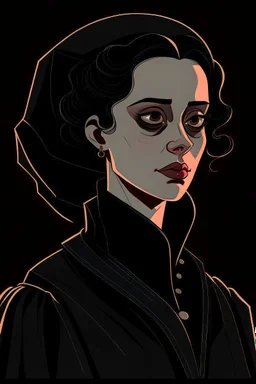 A portrait of a 30-years old aristocrat woman from XV century in strict dark clothes, authoritative, cold, emotionless, in the style of Genndy Tartakovsky's cartoons