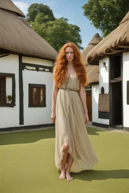 full body and headshot of a skinny Cleopatra, with long wavy ginger hair, in a floaty dress, standing on a village green, with thatched roof cottages behind