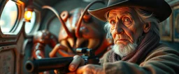 gritty air brush 3d with pen outline,seasoned handsome gunslinger western fluffy elder woman edgy hero with slightly glowing eyes and nudged dented skin in front of glistening space lobster dog, shallow depth of field, warm lantern, pin hole cam in doll house space ship, bottom floor board edge border