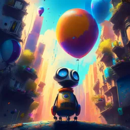 Wall-E, digital art, anime, 4k, full details, high resolution, colorful, alone, city, balloons, cinematic