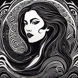 create an imaginative, highly abstract woodcut of an ethereal, otherworldly seductive ancient female Lasombra vampire , in the style of Gabriela Jolowicz and M.C. Escher